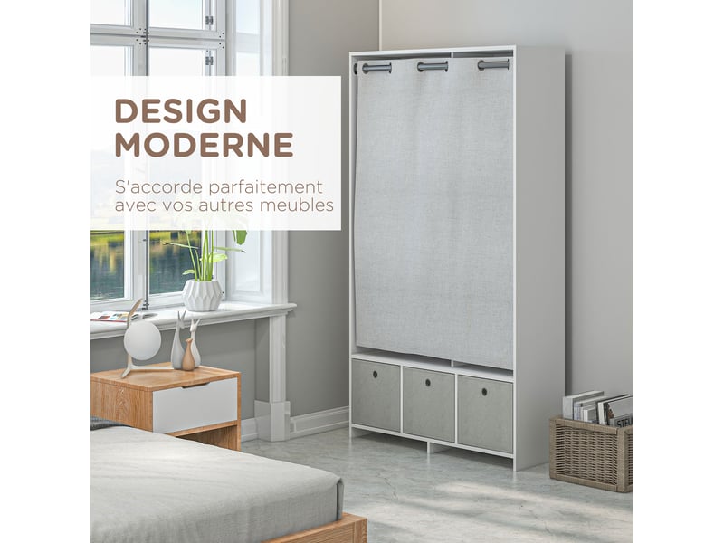  Armoire penderie avec tringle 3 tiroirs tissu et rideau blanc 105 x 48 x 160 cm  - Conforama D