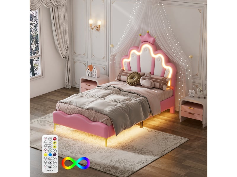  Lit 90x190cm - lit enfant 90x190 - lit simple rembourré avec tête de lit couronne , led rgb, moderne -en similicuir pu rose  - Conforama D