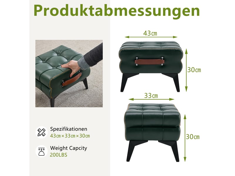  Pouf repose-pieds portable vert en similicuir 43x33x30 cm avec poignée  - Conforama C