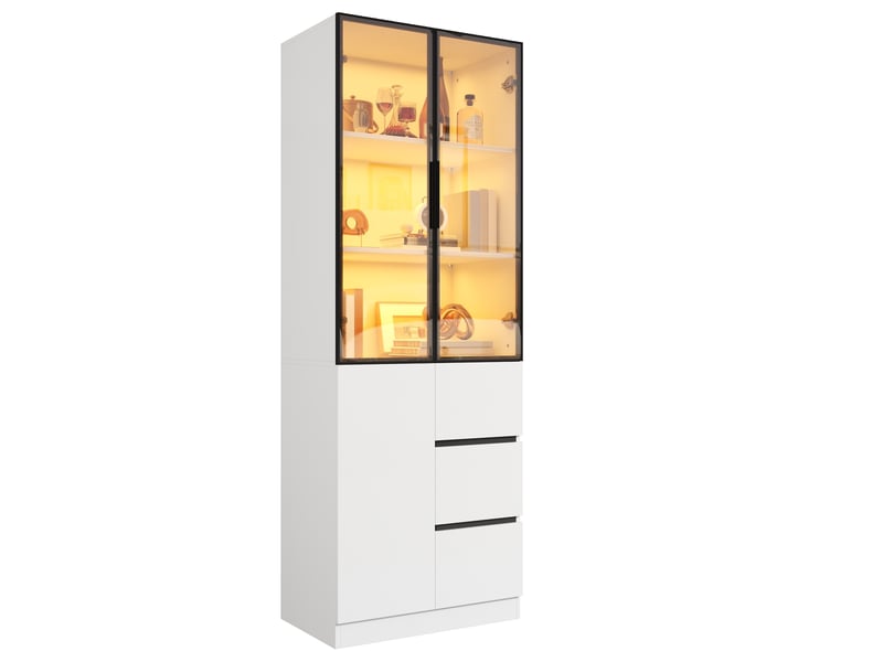 Buffet 60x40x180 cm avec portes, cadre en aluminium, éclairage led contrôlable, panneau de particules, coloris blanc - Conforama A