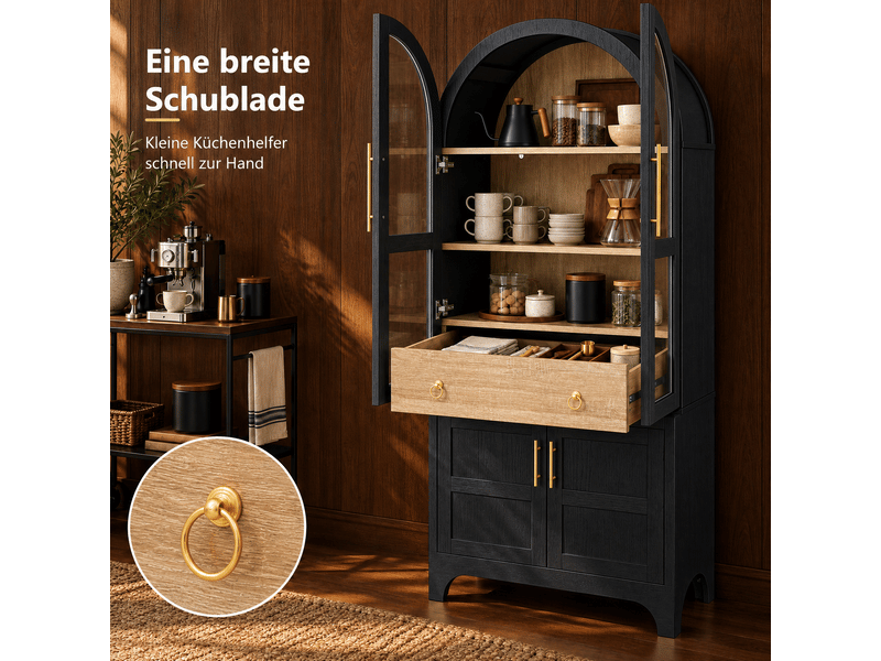  Vitrine 4 portes et 2 tiroirs, 76 x 40 x 180 cm, étagères réglables, verre cannelé, dessus cintré et socle stable, mdf, noir Morn Vibe - Conforama E