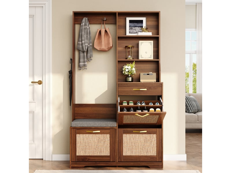  Meuble d'entrée vestiaire - 100x30x170cm - meuble chaussures 3 abattants, banquette assise, tiroir &amp; rotin - bois foncé  - Conforama C