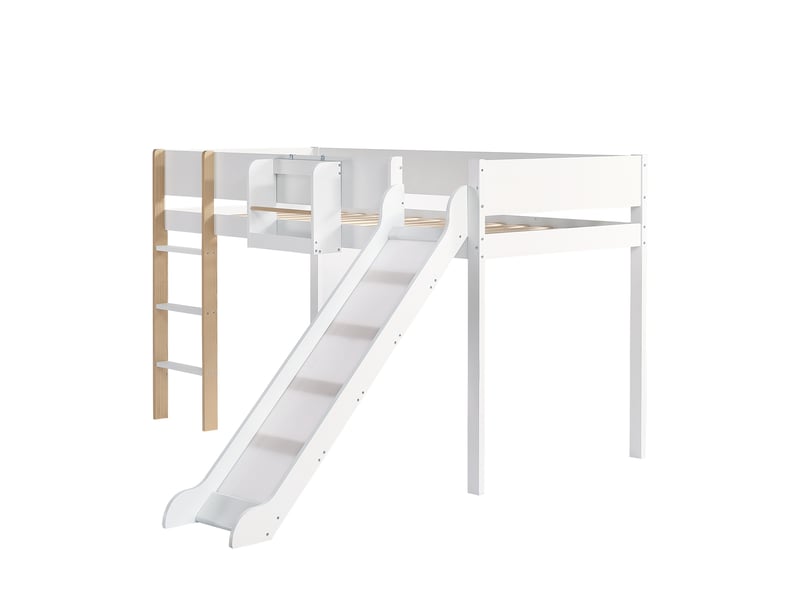 Lit mezzanine enfant avec toboggan 90x200 cm, lit surélevé cabane avec échelle à 3 marches et étagère amovible, blanc et naturel - Conforama D