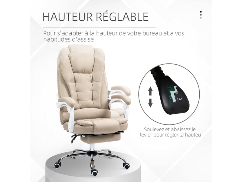  Fauteuil bureau manager chaise ordinateur repose-pied dossier inclinable accoudoirs rembourrés lin beige  - Conforama C