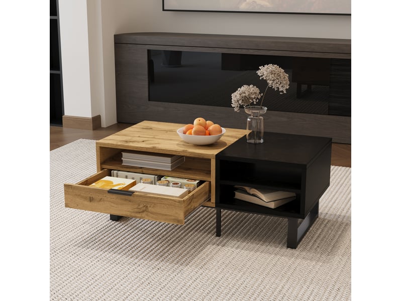  Table basse 100x50x40 cm noir et coloris bois naturel avec tiroir et niches  - Conforama D