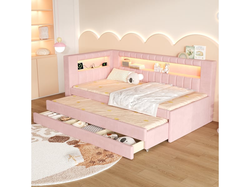  Lit banquette simple 90×200 cm, lit gigogne, 3 tiroirs, led réglable et usb - okmyhome- rose, sans matelas  - Conforama C
