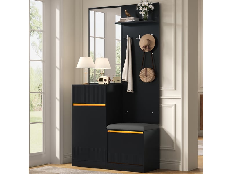  Meubles d'entrée avec miroir, rangement chaussures, assise et éclairage réglable par application, noir 105 × 38 × 190 cm  - Conforama B