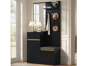 Meubles d'entrée avec miroir, rangement chaussures, assise et éclairage réglable par application, noir 105 × 38 × 190 cm