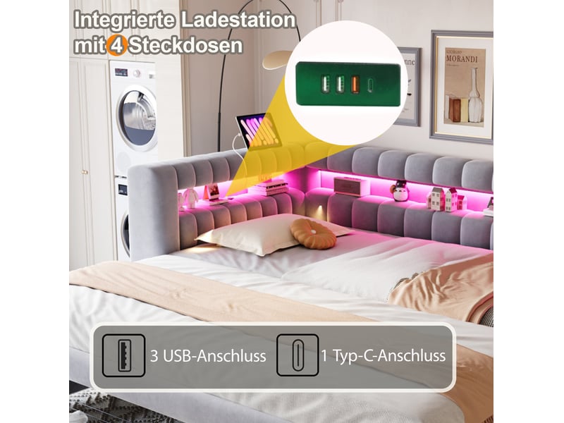  Lit gigogne 90 × 190 cm avec 2 tiroirs, rangements intégrés, led et ports usb type c, velours gris clair pour chambre  - Conforama E