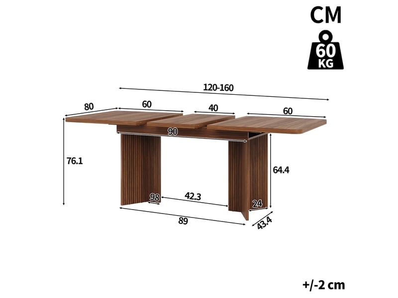  Table à manger extensible rectangulaire 120-160x80x76,1 cm, pieds en v rainurés, mdf et métal, noyer  - Conforama C