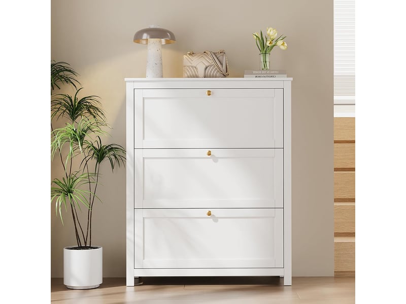  Meuble à chaussures étroit blanc de 90 cm de long avec 3 portes, idéal pour une entrée. Dimensions : 90 x 30 x 110 cm.  - Conforama D