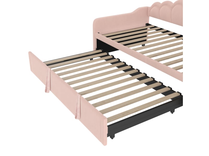  Lit banquette extensible 90-180 x 200 cm avec lit gigogne et led, velours rose  - Conforama E