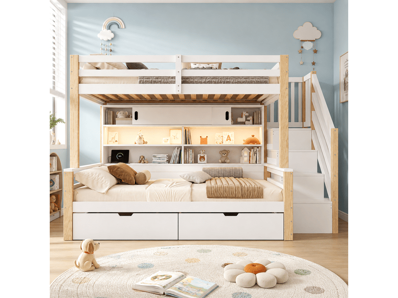  Lit superposé 90 × 200 cm et 90 × 200 cm 2 places avec escalier rangement, led, usb et type-c, sans matelas  - Conforama B