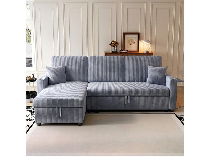 Canapé d’angle (à gauche) convertible 3 places 207,5 x 142 x 84,5 cm, avec rangement, assise spacieuse et méridienne, velours côtelé, gris OMNIGLINT TRADING LTD - Conforama C