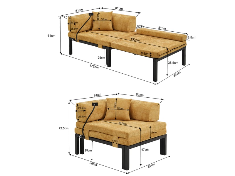 Canapé droit convertible 1 place en velours jaune, cadre en bois, lit simple escamotable et pliable, pour petits espaces - Conforama C