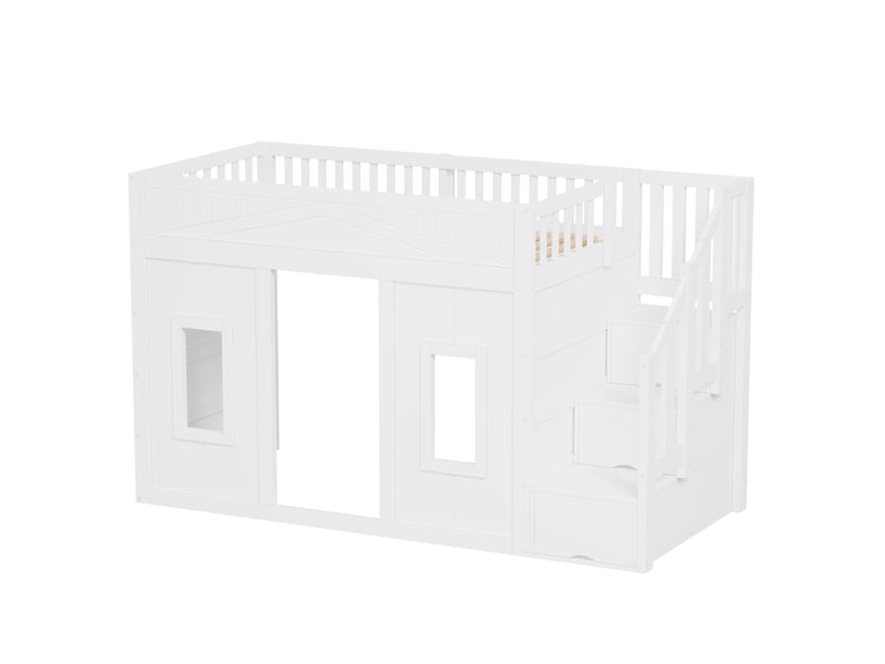  Lit mezzanine 90 x 200 cm avec escalier-rangement 3 compartiments, fenêtre et led, blanc, pin et mdf, 253 x 95 x 150 cm Fay Lum - Conforama A