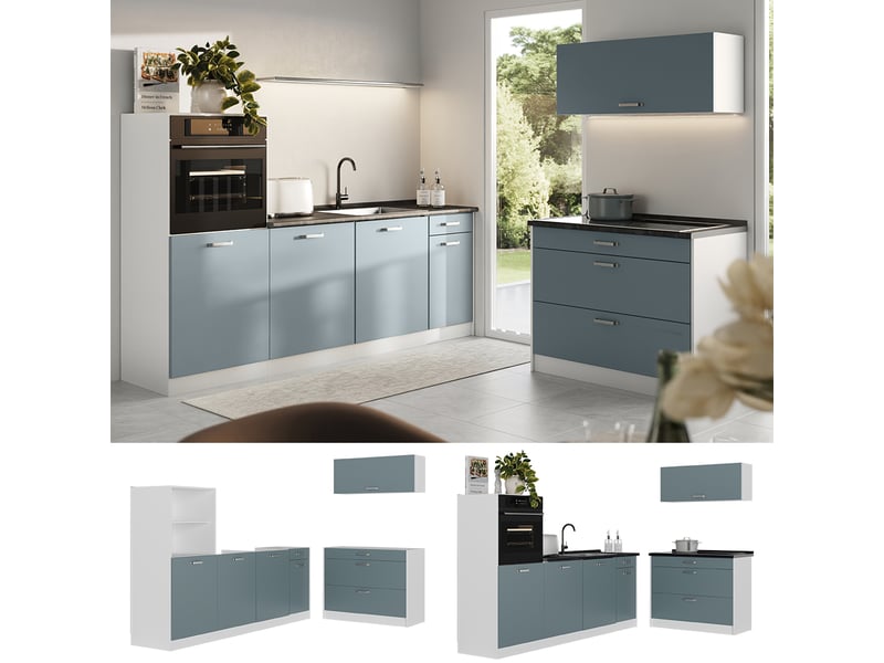  Vicco cuisine, bleu-grisblanc, 220cm plan de travail marbre  - Conforama D
