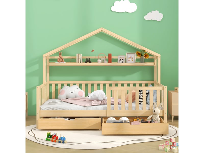 Lit cabane enfant 90x200 avec étagère, lit enfant avec tiroirs pratiques, lit enfant couleur bois naturel en pin massif, 150kg - Conforama D