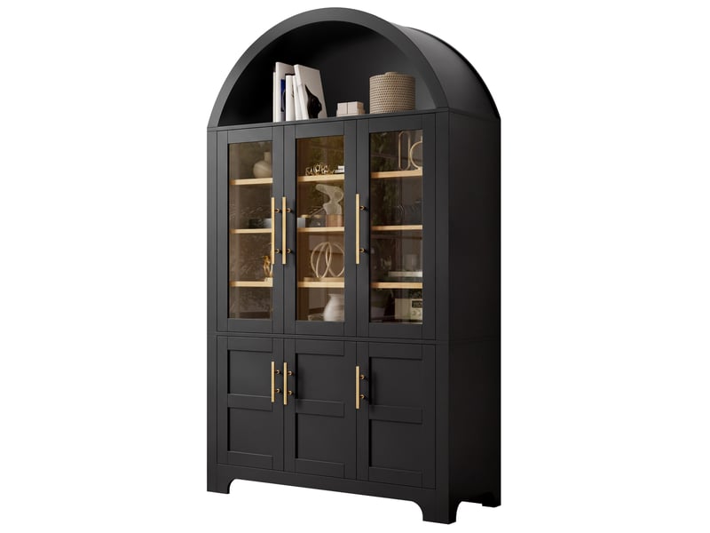 Buffet haut 110x40x185 cm avec niche ouverte et 3 portes vitrées, panneau de particules et mdf, noir - Conforama A