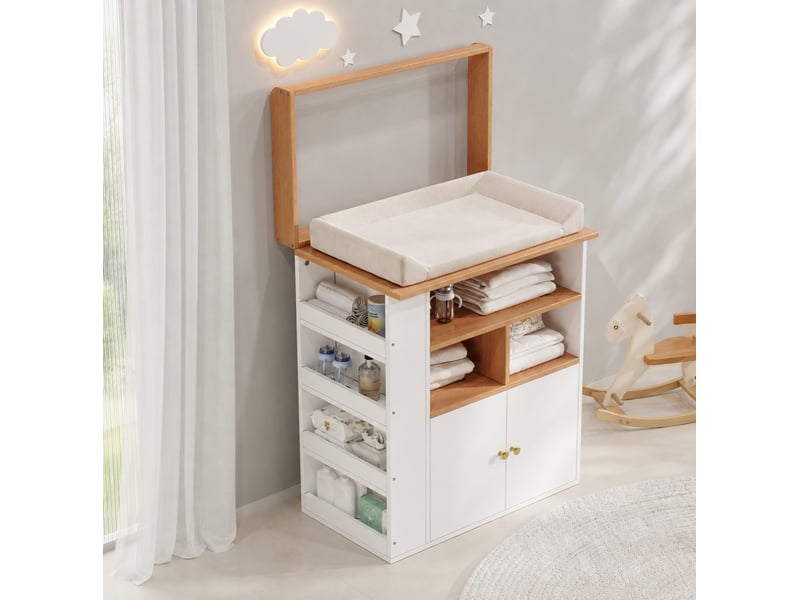  Commode à langer 2 en 1 avec barrière amovible et rangements pour chambre, blanc et bois naturel, 82 × 50 × 100 cm  - Conforama D