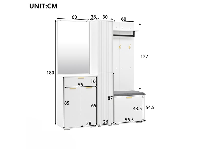  Meubles d'entrée avec miroir, penderie, 3 portes, tiroir, meuble à chaussures et banc blanc 150 × 36 × 180 cm  - Conforama C