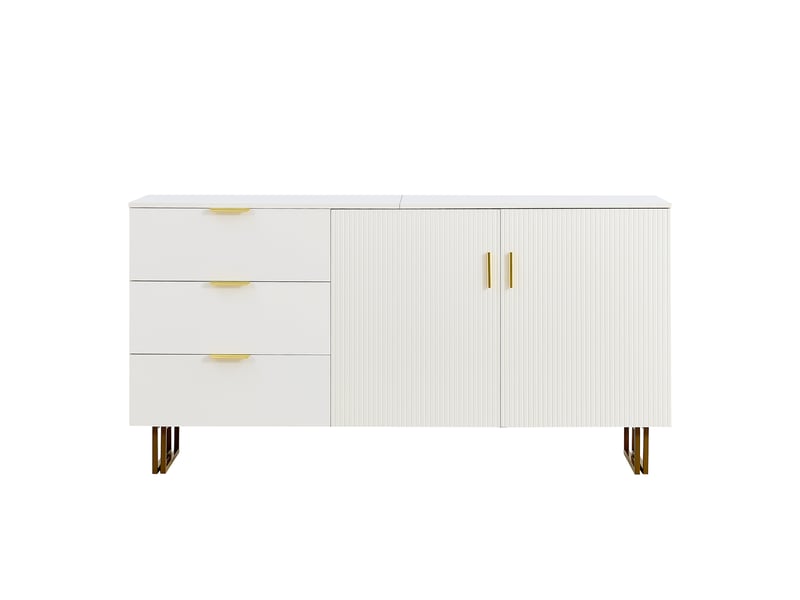  Buffet avec 2 portes, 3 tiroirs et poignées dorées en mdf 160×40×81,5 cm blanc  - Conforama A