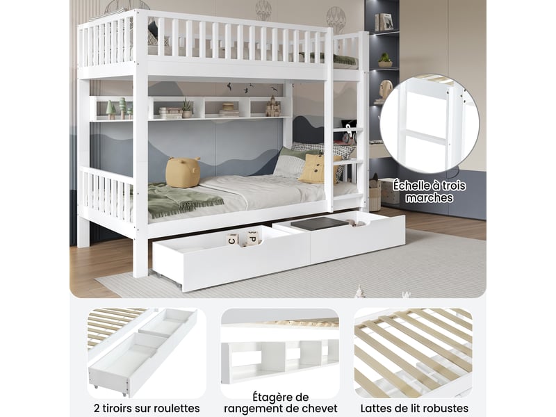  Lit superposé enfant 200×90 cm séparable en 2 lits simples, avec tiroirs et étagères, sans matelas, blanc  - Conforama E