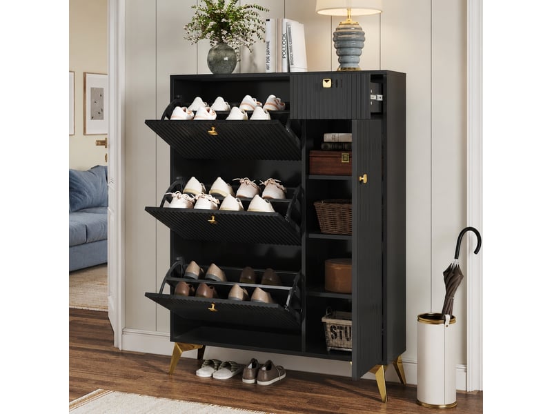  Meuble à chaussures noir 3 abattants, 1 tiroir et 1 porte, façade ondulée, l 90 x p 25 x h 121 cm  - Conforama D