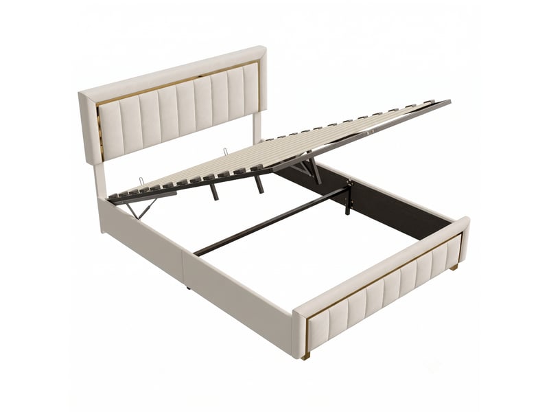  Dreammespace lit coffre 160x200 cm - lit queen size avec grand coffre hydraulique et sommier, velours lignes dorées blanc crème DreamMespace - Conforama A