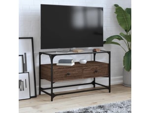 Meuble tv - banc tv - meuble de rangement avec dessus en verre chêne marron bois d'ingénierie