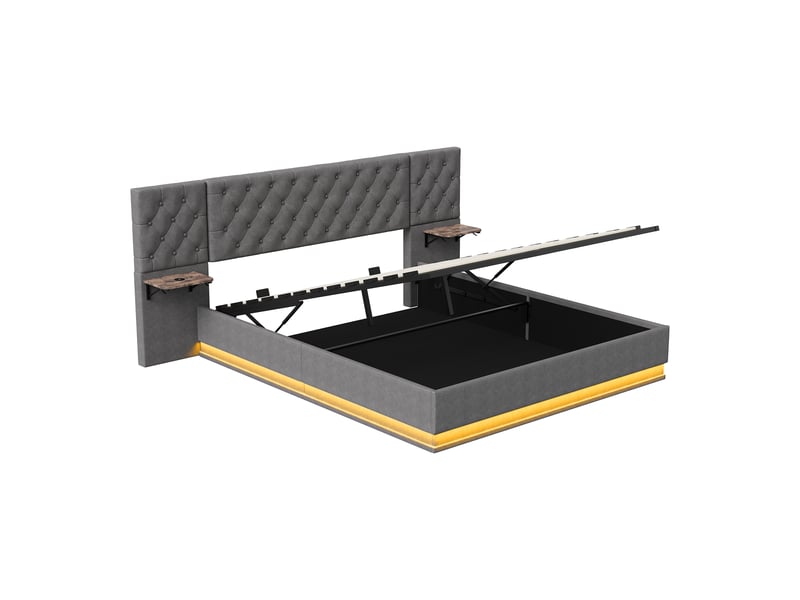  Lit coffre 2 places européen 140x200 cm, lit adulte, rangement, 2 chevets, led, recharge sans fil, port usb, lin gris  - Conforama E