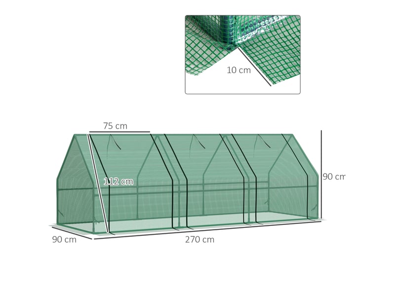  Serre de jardin verte 270 x 90 x 90 cm en acier avec film pe 140 gm² et fenêtres enroulables zippées pour semis  - Conforama C