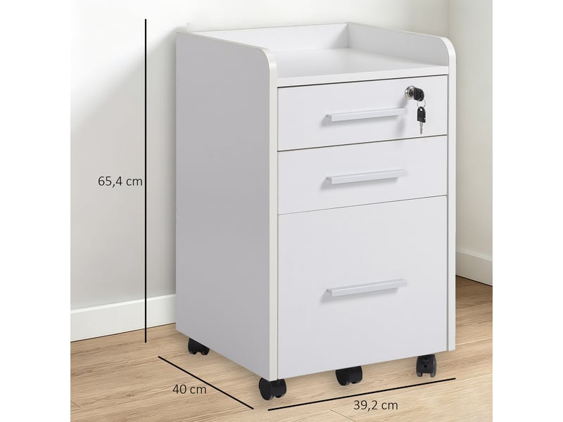  Caisson de bureau rangement bureau sur roulettes 3 tiroirs 1 verrouillable 1 trieur dossiers en bois blanc  - Conforama C