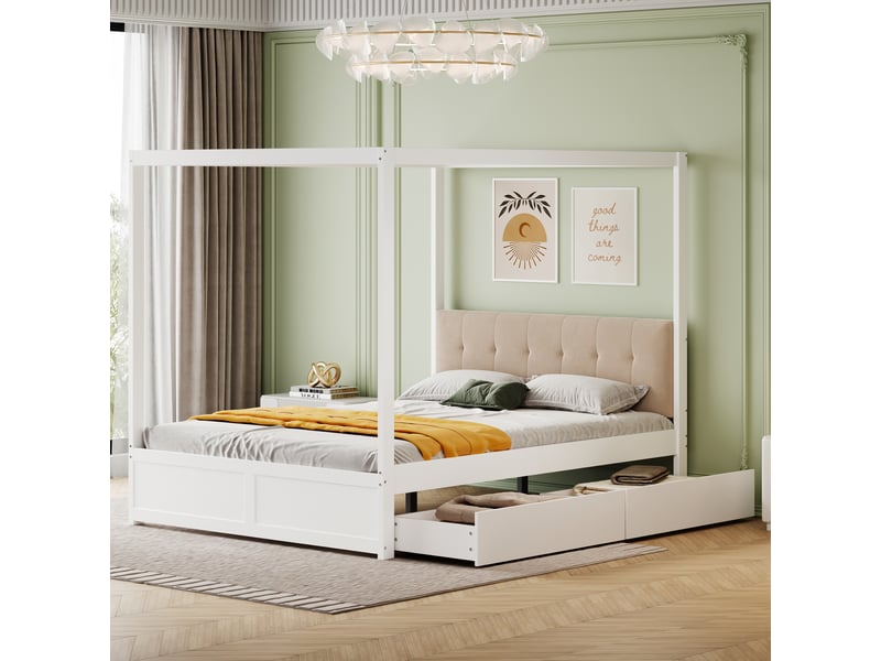Lit blanc 140x200 cm avec têtes de lit capitonnées et grands tiroirs en bois  - Conforama B
