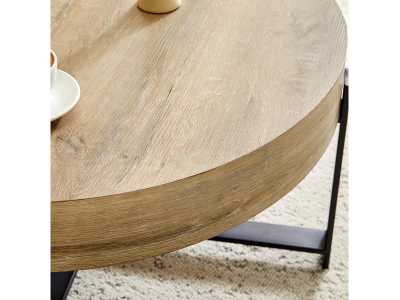  Table basse ronde avec plateau épais et structure croisée en métal, style industriel, pour salon, 68 × 36 cm  - Conforama E