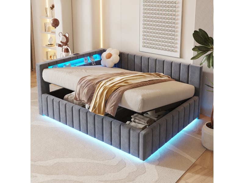  Lit banquette enfant coffre 140 x 200 cm avec led, usb et rangement hydraulique, velours gris Fay Lum - Conforama B