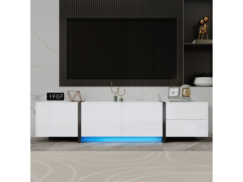  Meuble tv blanc et noir 170 cm laqué avec pieds noirs, 3 portes et 1 tiroir pour salon  - Conforama R