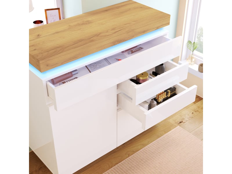  Buffet 110 cm, 2 portes, 3 tiroirs, éclairage led, étagères réglables, façade brillante, mdf, rangement pour séjour ou chambre - blanc C-DEGAYUN - Conforama E