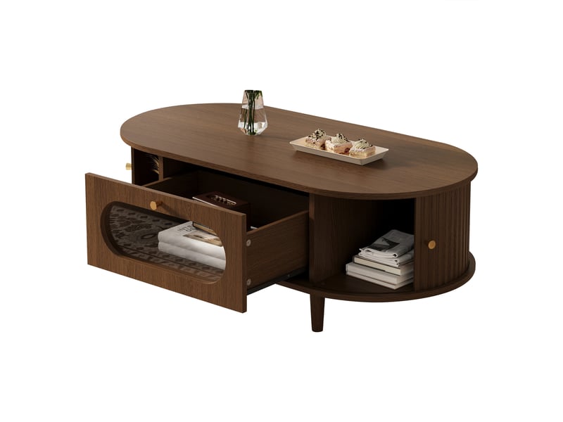 Table basse avec tiroir et 2 portes à rideau pour salon en mdf 100×50×36 cm noyer - Conforama A