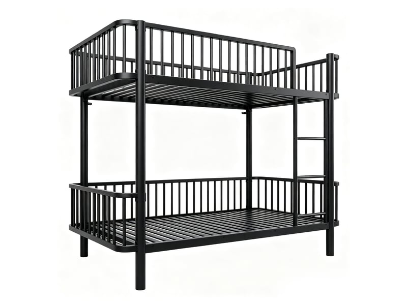  Lit superposé 90 x 200 cm gain de place, angles arrondis et barrières de sécurité, métal noir sans matelas  - Conforama C
