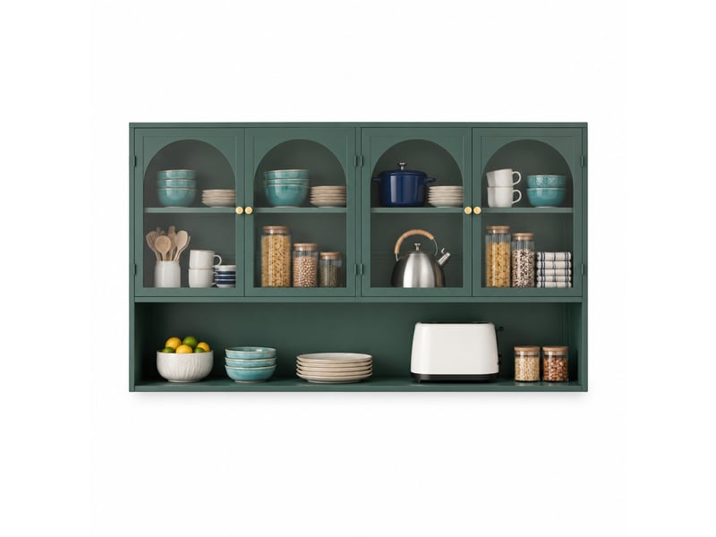  Armoire murale à 4 portes en verre et métal avec étagères pour cuisine et salon, vert foncé, 120×23×70 cm  - Conforama A