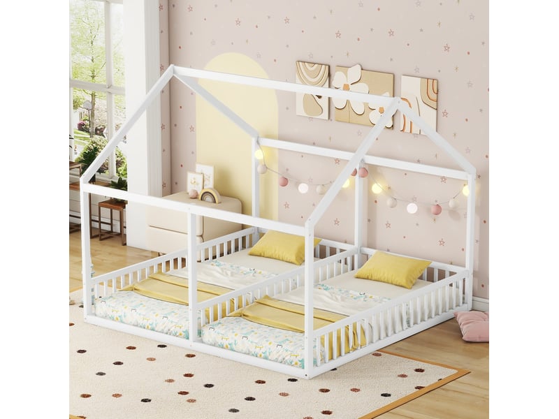  Lit enfant 2 en 1 avec deux couchages 90 x 200 cm, barrières, blanc, bois et mdf  - Conforama B