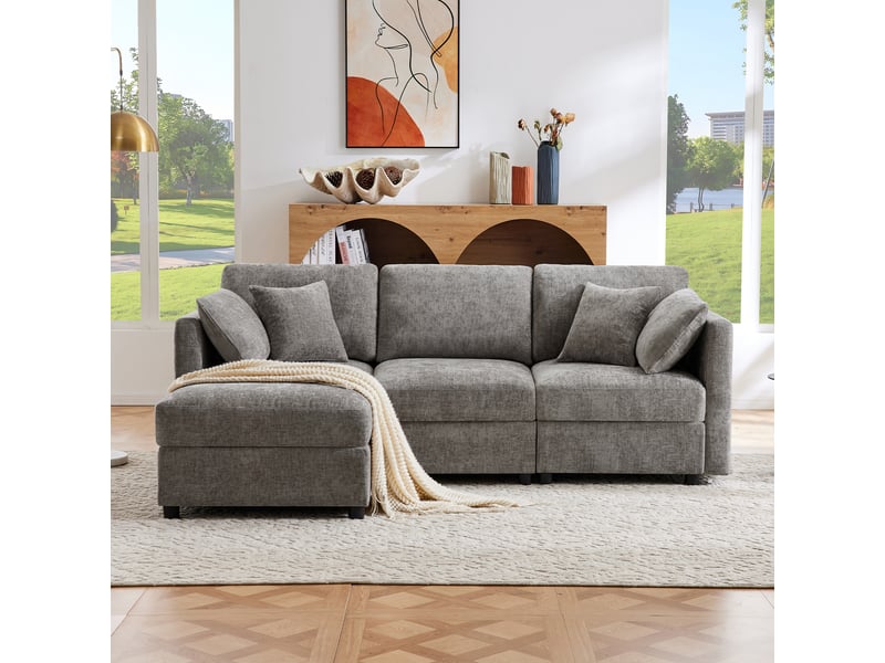  Canapé d’angle modulable 34 places en l 218x156,5x86 cm avec pouf amovible, 4 coussins, accoudoirs réglables, tissu chenille - gris  - Conforama E
