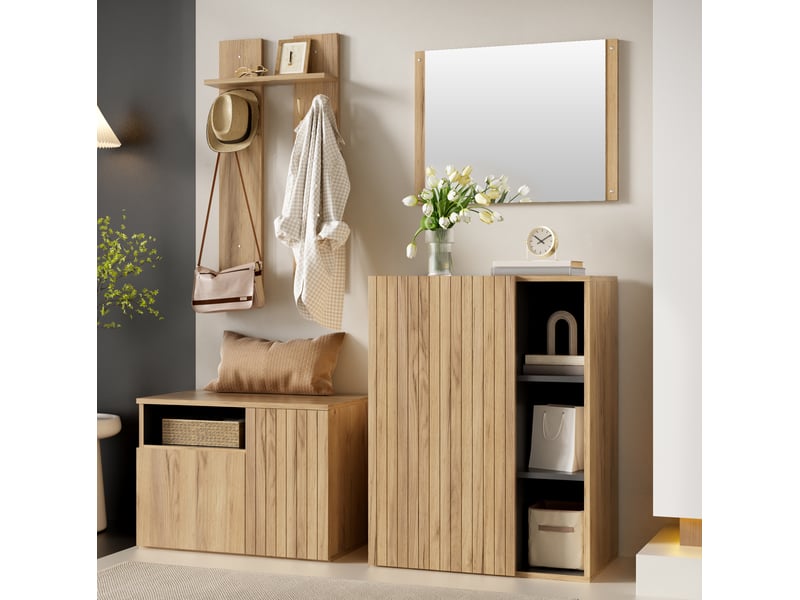 Meubles d'entrée 4 en 1 avec miroir, crochets, meuble à chaussures et banc, pour entrée, noir et naturel, 120 × 35 × 123 cm - Conforama E