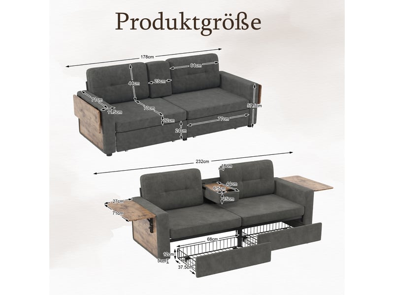 Canapé 2 places en chenille avec rangement intégré, table d’appoint réglable et porte-gobelets - gris foncé - Conforama C