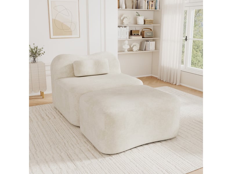  Fauteuil avec pouf - 96x167x70 cm - chauffeuse méridienne modulable velours, mousse 32d sans structure rigide 350kg - beige  - Conforama D