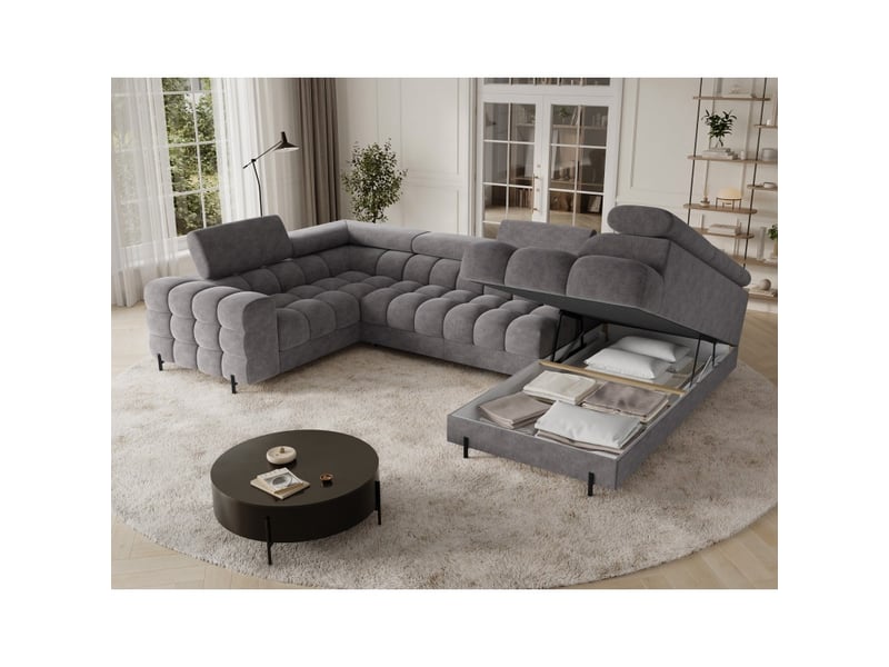 Canapé panoramique convertible factory 3 places gris – angle droit avec coffre – version 2 - Conforama D