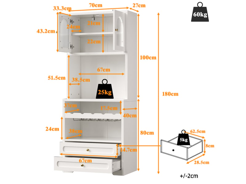 Buffet vitrine modenvie 70 x 40 x 180 cm avec portes en verre cintrées, led contrôlées par application, synchronisation musicale, casier à vin, usb, blanc - Conforama C