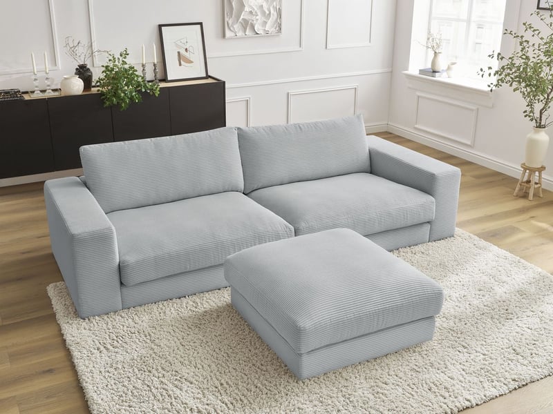  Bobochic canapé droit fixe 3 places leonard velours côtelé avec pouf gris clair LEONARD - Conforama C