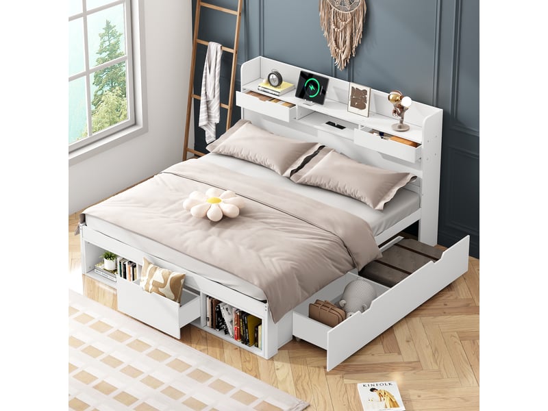 Lit avec rangement 140x190 cm, usb, tiroirs et armoire de rangement, sommier à lattes, mdf et contreplaqué, blanc OMNIGLINT TRADING LTD - Conforama B